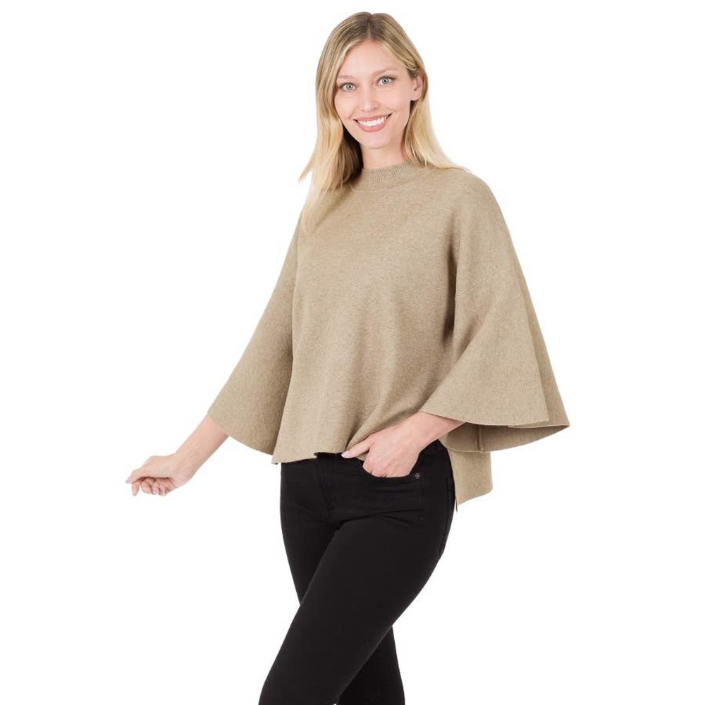 Heather Cocoa Bell Sleeve Mock Turtleneck Knit Top